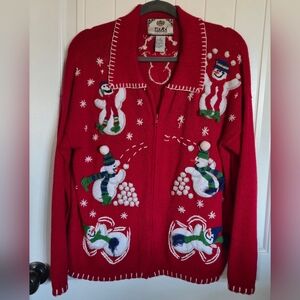 Tiara Heirloom International Womens Christmas Sweater Cardigan Zip Snowman Sz M